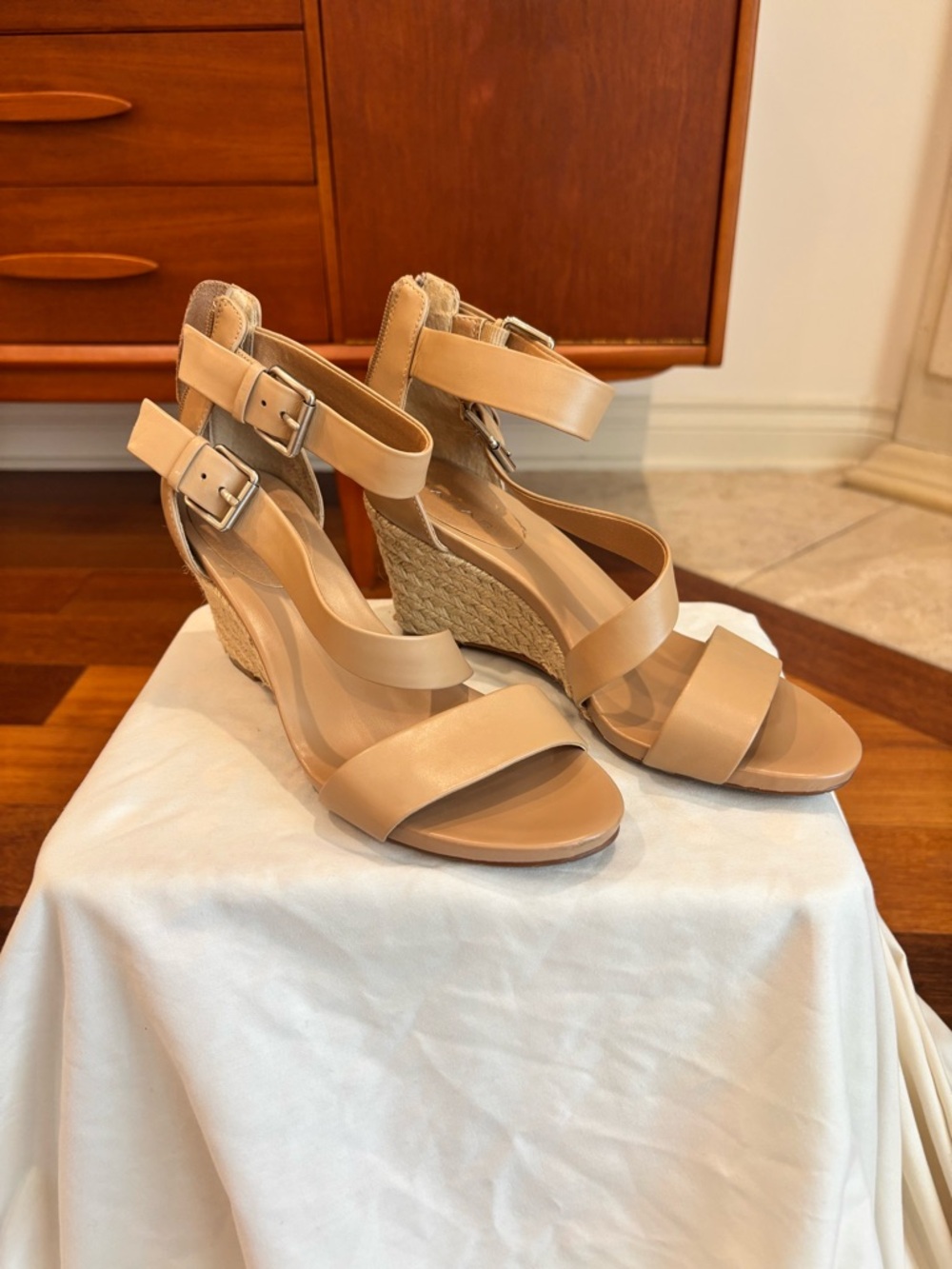 Tahari Nude/Tan Espadrille Wedge Sandals with Double Ankle Straps